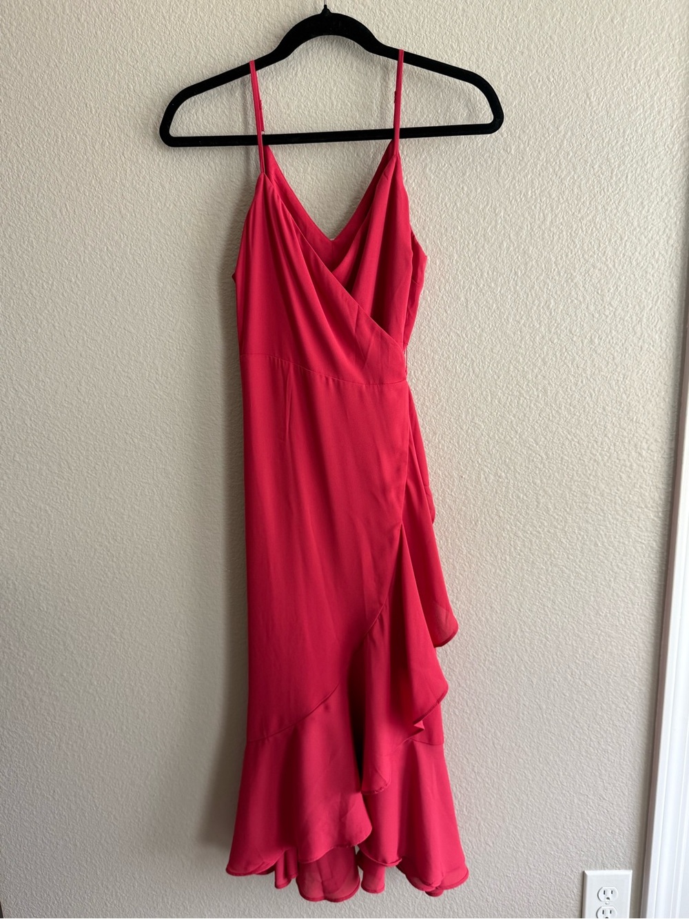 Lulu's Deep Mauve-Red-Pink Spaghetti-Strap Wrap Ruffle Midi Dress